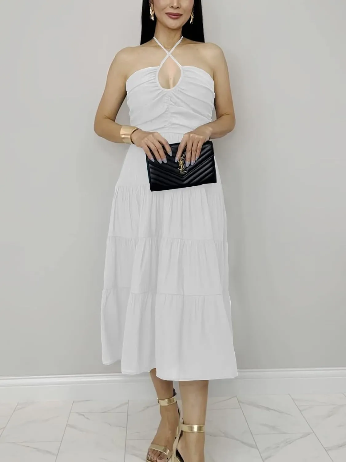 DEEP SELF Women's Summer Halter Smocked Midi Dress Sleevelesss V Neck Ruffle Tiered Swing Flowy A Line Beach Sundress
