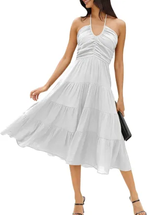 DEEP SELF Women's Summer Halter Smocked Midi Dress Sleevelesss V Neck Ruffle Tiered Swing Flowy A Line Beach Sundress