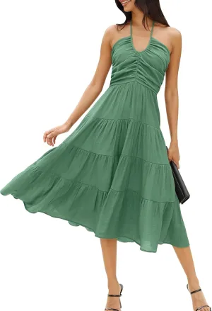 DEEP SELF Women's Summer Halter Smocked Midi Dress Sleevelesss V Neck Ruffle Tiered Swing Flowy A Line Beach Sundress