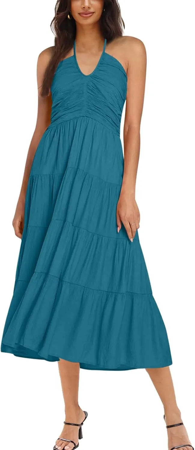 DEEP SELF Women's Summer Halter Smocked Midi Dress Sleevelesss V Neck Ruffle Tiered Swing Flowy A Line Beach Sundress