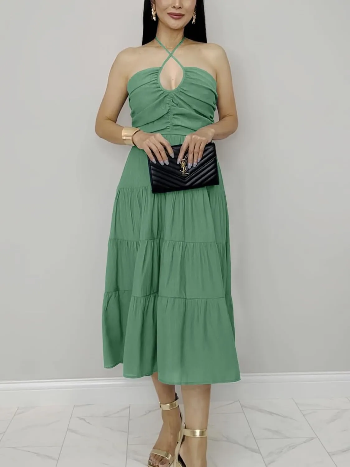 DEEP SELF Women's Summer Halter Smocked Midi Dress Sleevelesss V Neck Ruffle Tiered Swing Flowy A Line Beach Sundress
