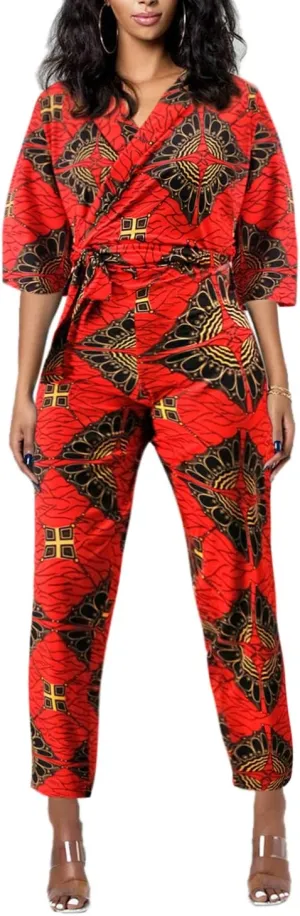 Erinaco Women's Boho Rompers African Print Dashiki Romper Apparels Long Sleeve High Waist Jumpsuits