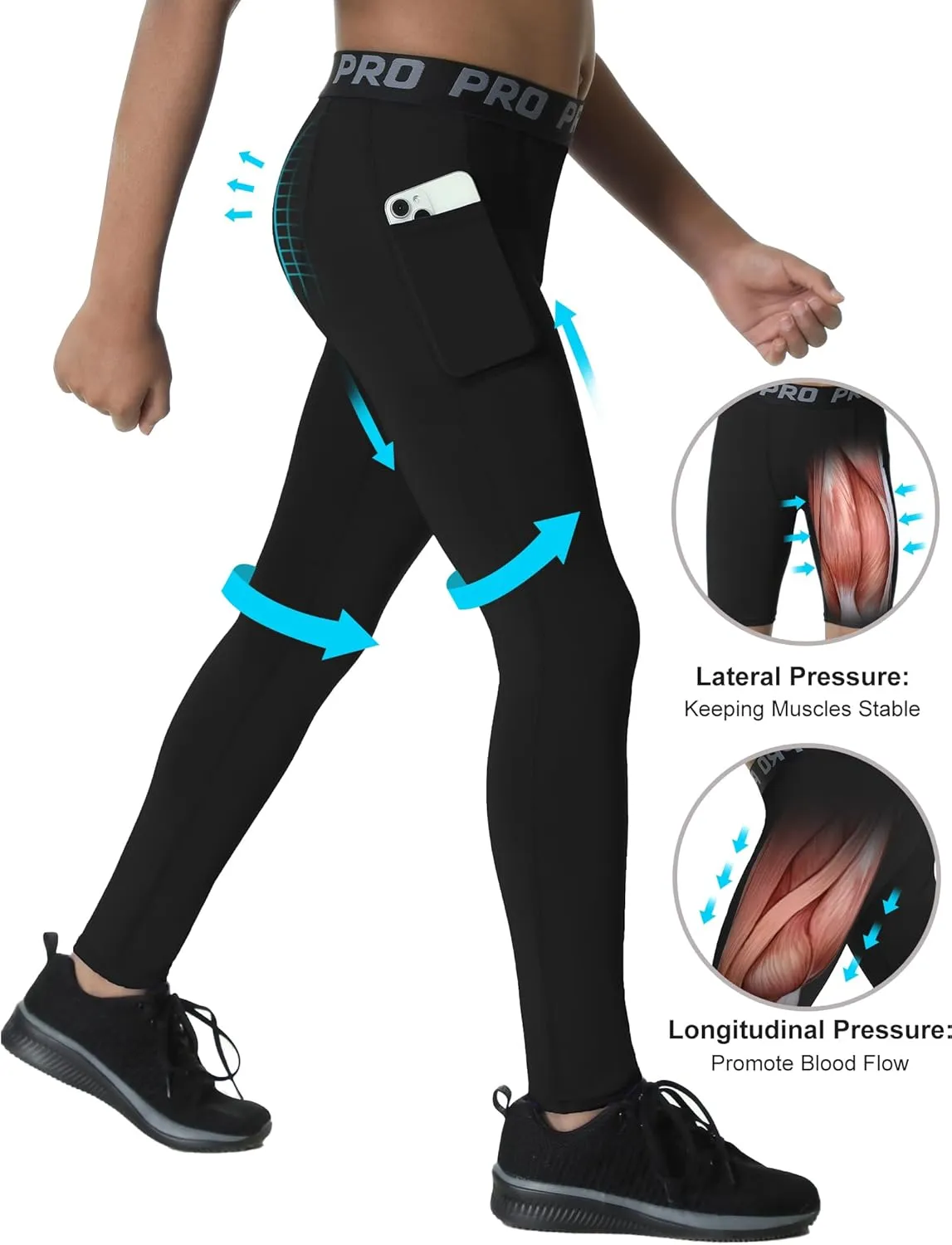 EXARUS Youth Boys Compression Leggings Pants Tights Basketball Athletic Sports Base Layer for Football 6-12Y
