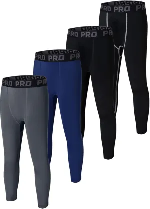 EXARUS Youth Boys Compression Leggings Pants Tights Basketball Athletic Sports Base Layer for Football 6-12Y