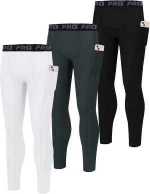 EXARUS Youth Boys Compression Leggings Pants Tights Basketball Athletic Sports Base Layer for Football 6-12Y