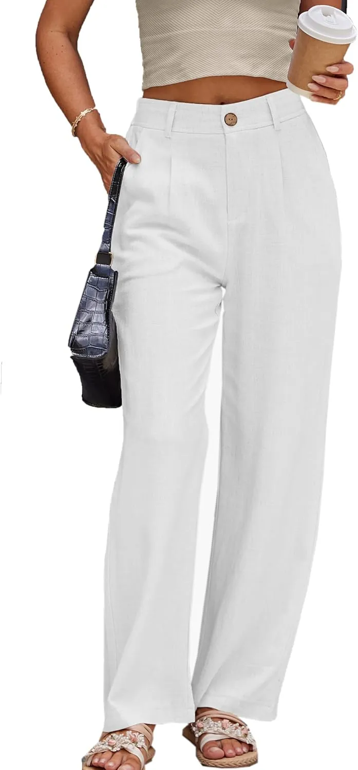 Fakanhui Women's Linen Dressy Work Casual Pants Summer Business Straight Wide Leg Cotton Linen Trouser Pants