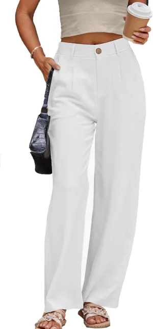 Fakanhui Women's Linen Dressy Work Casual Pants Summer Business Straight Wide Leg Cotton Linen Trouser Pants