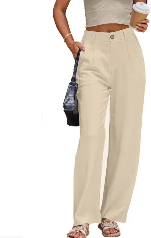 Fakanhui Women's Linen Dressy Work Casual Pants Summer Business Straight Wide Leg Cotton Linen Trouser Pants