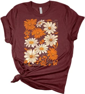 Fall Vintage Flowers Tshirt Women Boho Distressed Wildflowers Girls Graphic Tee Casual Nature Shirts Tops
