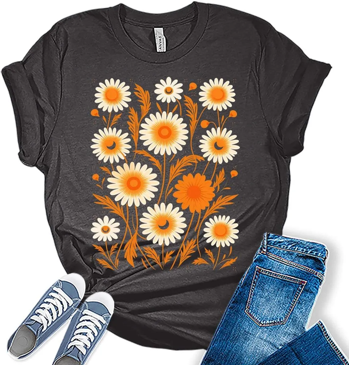 Fall Vintage Flowers Tshirt Women Boho Distressed Wildflowers Girls Graphic Tee Casual Nature Shirts Tops