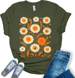 Fall Vintage Flowers Tshirt Women Boho Distressed Wildflowers Girls Graphic Tee Casual Nature Shirts Tops