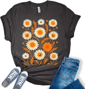 Fall Vintage Flowers Tshirt Women Boho Distressed Wildflowers Girls Graphic Tee Casual Nature Shirts Tops