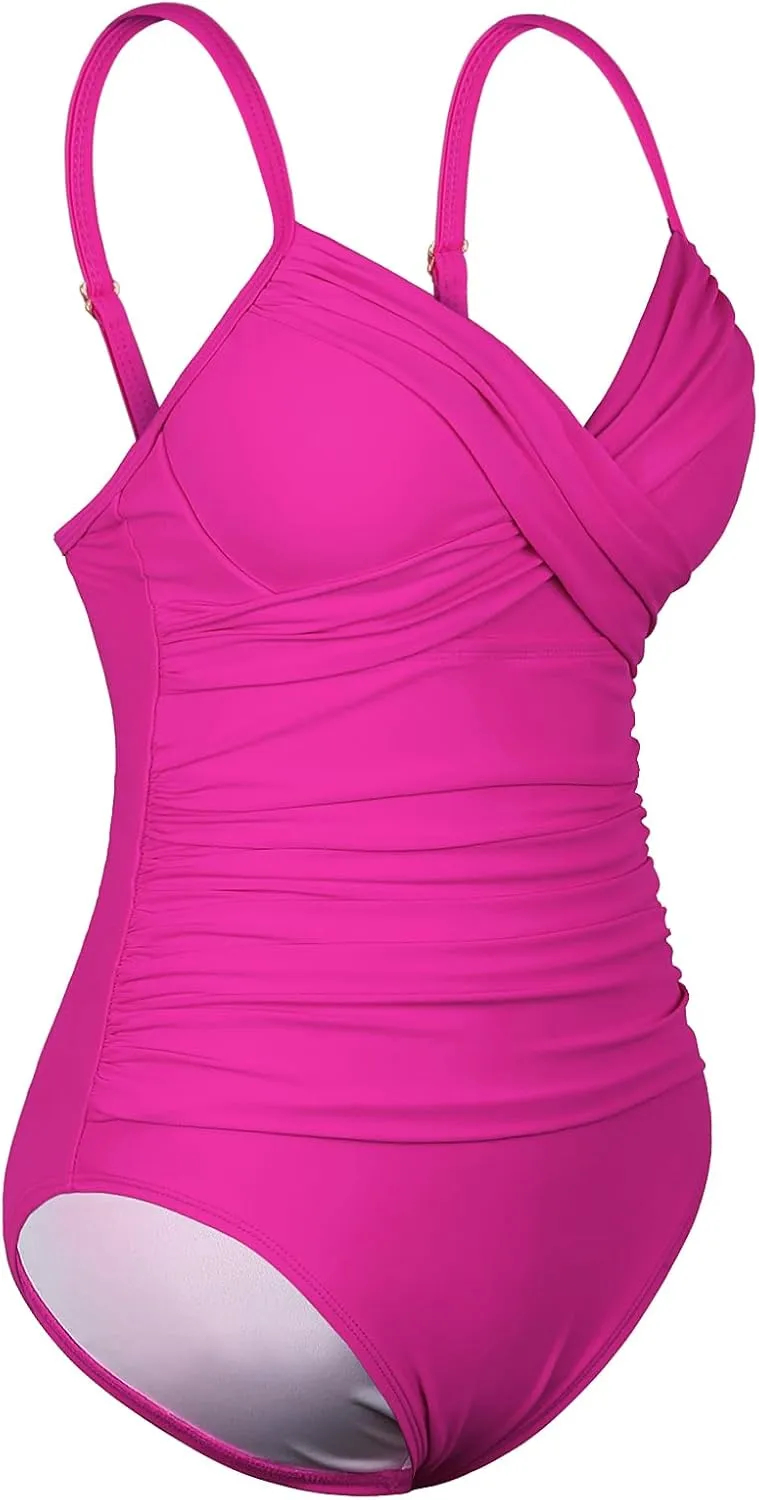Firpearl Women's Underwire One Piece Swimsuits Push Up Supportive Bathing Suit Criss Cross Ruched Tummy Control Swimwear