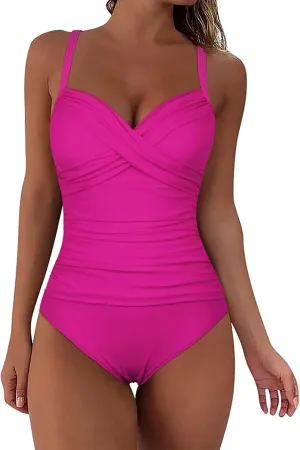 Firpearl Women's Underwire One Piece Swimsuits Push Up Supportive Bathing Suit Criss Cross Ruched Tummy Control Swimwear