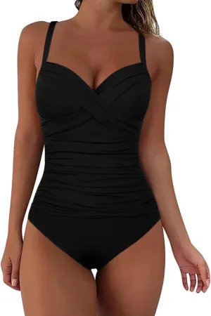 Firpearl Women's Underwire One Piece Swimsuits Push Up Supportive Bathing Suit Criss Cross Ruched Tummy Control Swimwear