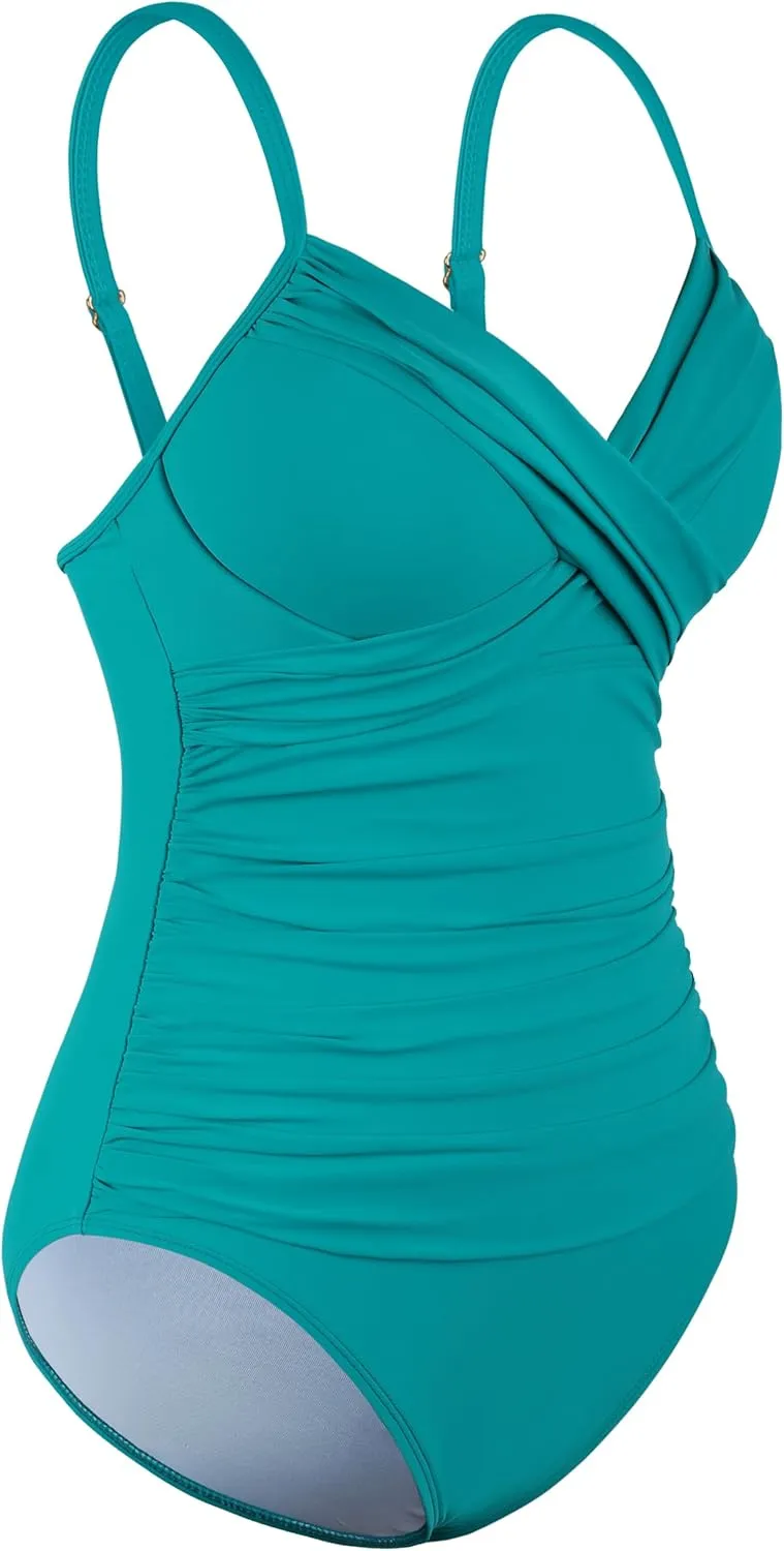 Firpearl Women's Underwire One Piece Swimsuits Push Up Supportive Bathing Suit Criss Cross Ruched Tummy Control Swimwear