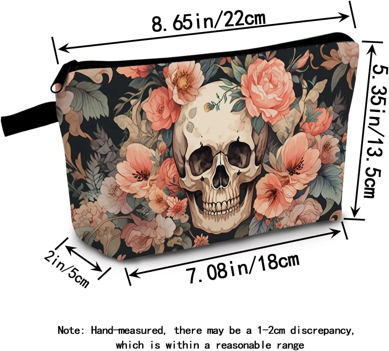 Floral Skull Cosmetic Bag Gothic Bloom Printed Design Makeup Organizer Edgy Travel Pouch for Music Festivals/Halloween Unique Dark Aesthetic Gift Idea