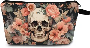 Floral Skull Cosmetic Bag Gothic Bloom Printed Design Makeup Organizer Edgy Travel Pouch for Music Festivals/Halloween Unique Dark Aesthetic Gift Idea