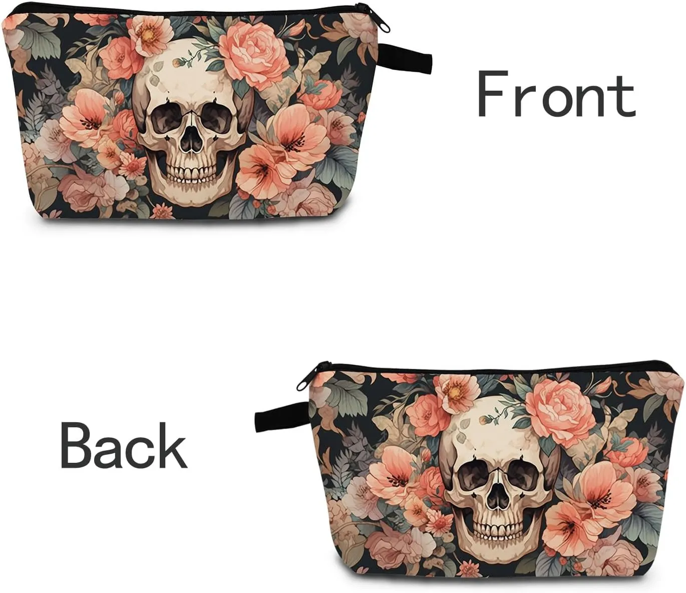 Floral Skull Cosmetic Bag Gothic Bloom Printed Design Makeup Organizer Edgy Travel Pouch for Music Festivals/Halloween Unique Dark Aesthetic Gift Idea