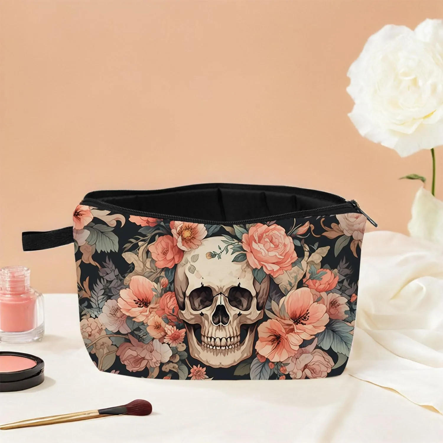 Floral Skull Cosmetic Bag Gothic Bloom Printed Design Makeup Organizer Edgy Travel Pouch for Music Festivals/Halloween Unique Dark Aesthetic Gift Idea
