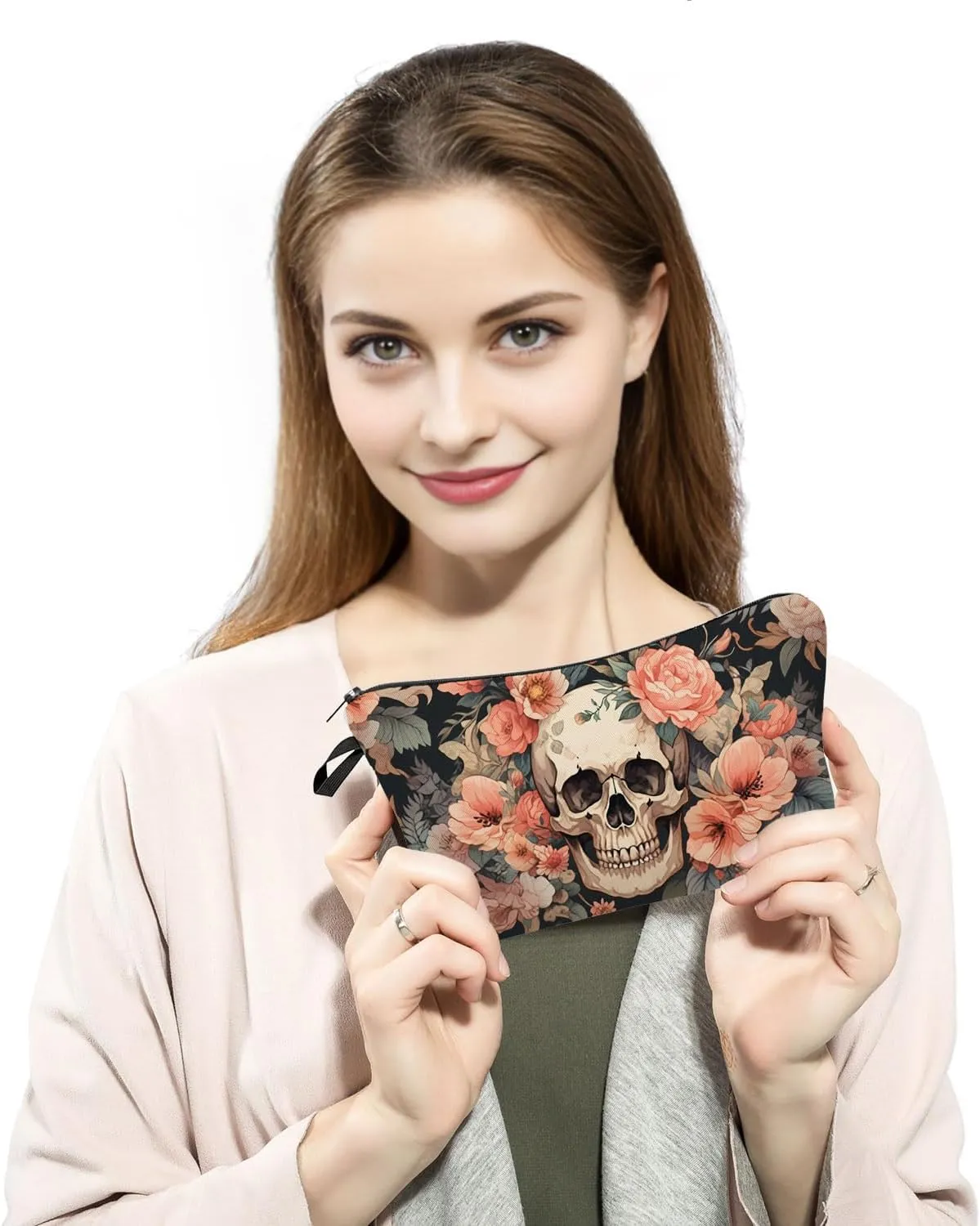 Floral Skull Cosmetic Bag Gothic Bloom Printed Design Makeup Organizer Edgy Travel Pouch for Music Festivals/Halloween Unique Dark Aesthetic Gift Idea