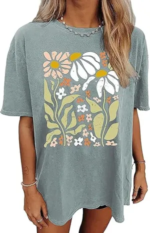 Flower Graphic Oversize Tshirt Women Vintage Wildflowers T-Shirts Sun and Moon Vacation Tee Summer Casual Loose Tee Top