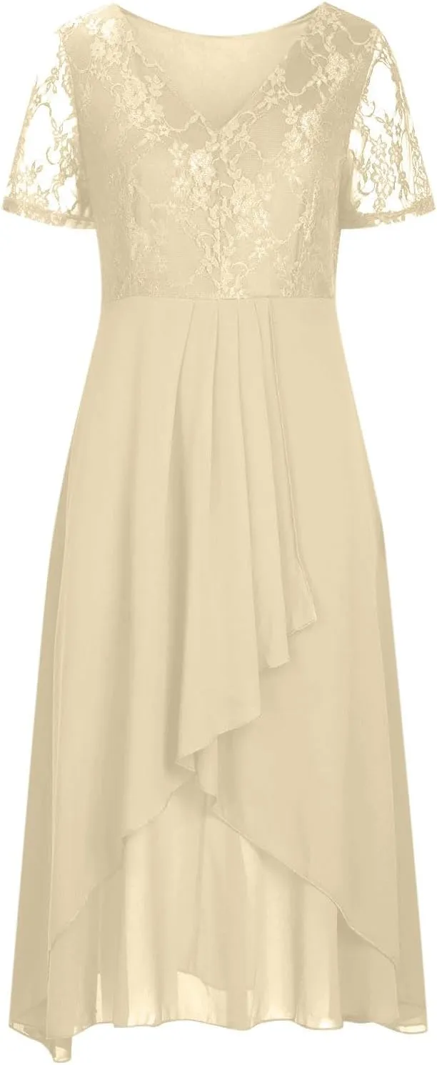Formal Party Dress for Women, Chiffon Evening Party Lace Dresses Short Sleeve Elegant Embroidered Wedding Guest Gown