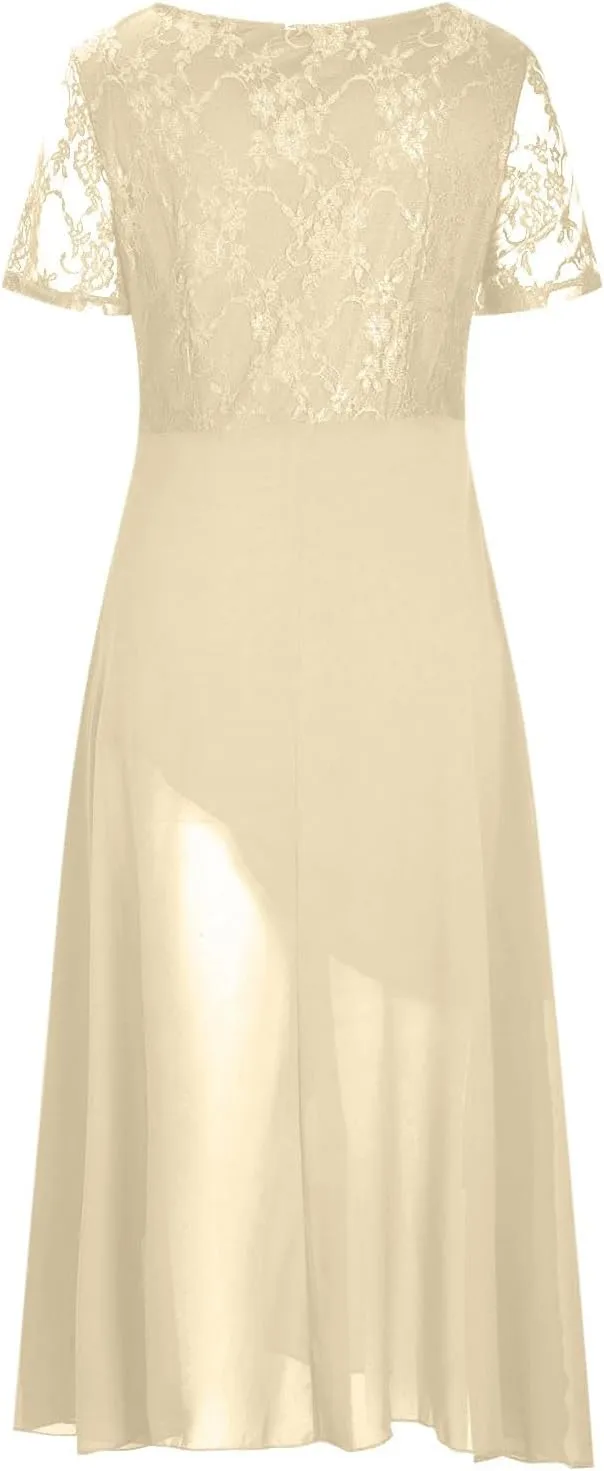 Formal Party Dress for Women, Chiffon Evening Party Lace Dresses Short Sleeve Elegant Embroidered Wedding Guest Gown