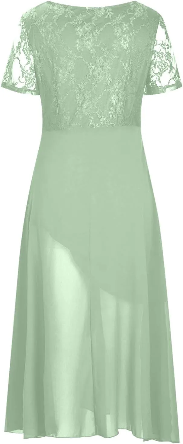 Formal Party Dress for Women, Chiffon Evening Party Lace Dresses Short Sleeve Elegant Embroidered Wedding Guest Gown