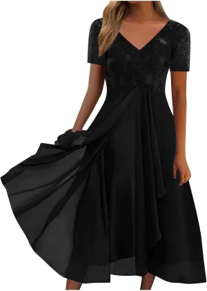 Formal Party Dress for Women, Chiffon Evening Party Lace Dresses Short Sleeve Elegant Embroidered Wedding Guest Gown