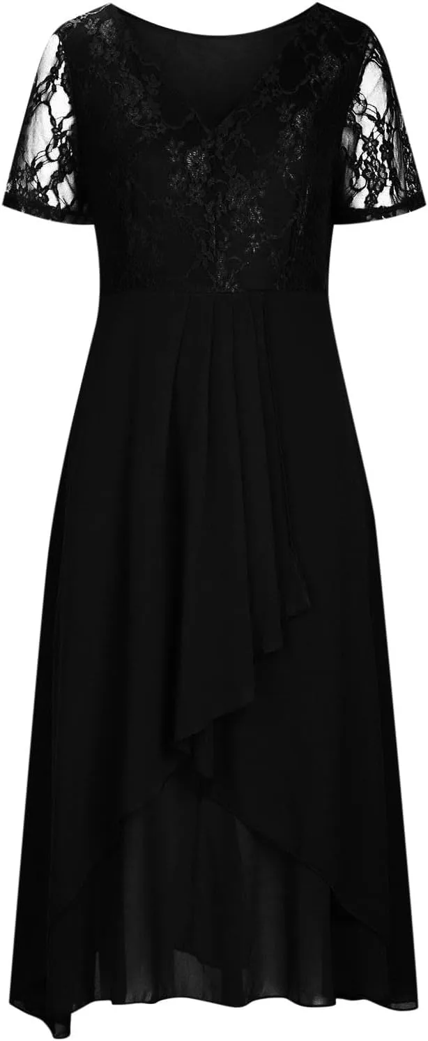Formal Party Dress for Women, Chiffon Evening Party Lace Dresses Short Sleeve Elegant Embroidered Wedding Guest Gown