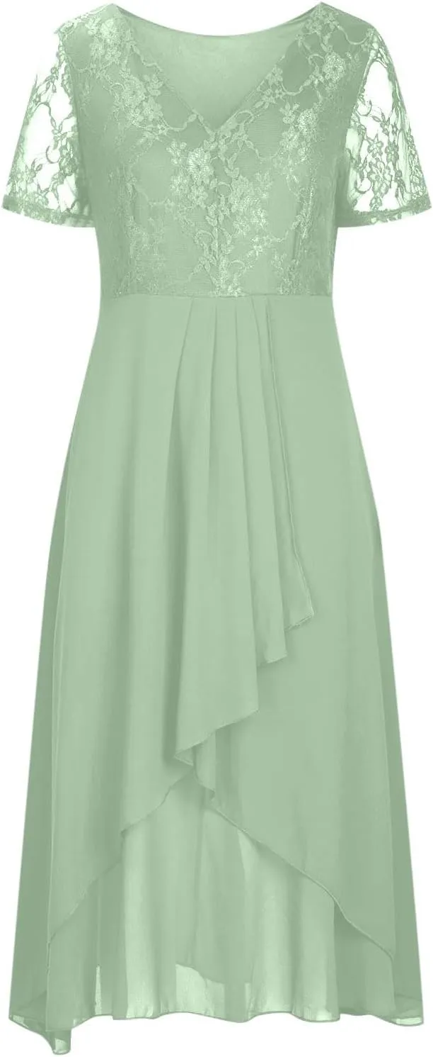 Formal Party Dress for Women, Chiffon Evening Party Lace Dresses Short Sleeve Elegant Embroidered Wedding Guest Gown