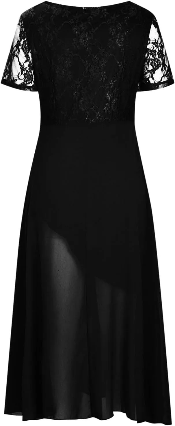 Formal Party Dress for Women, Chiffon Evening Party Lace Dresses Short Sleeve Elegant Embroidered Wedding Guest Gown