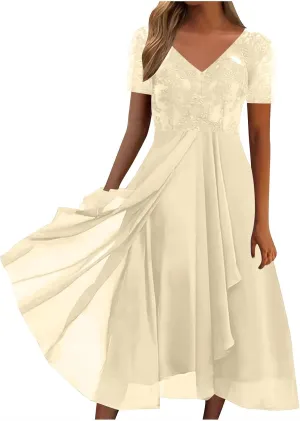 Formal Party Dress for Women, Chiffon Evening Party Lace Dresses Short Sleeve Elegant Embroidered Wedding Guest Gown