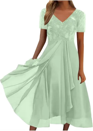 Formal Party Dress for Women, Chiffon Evening Party Lace Dresses Short Sleeve Elegant Embroidered Wedding Guest Gown