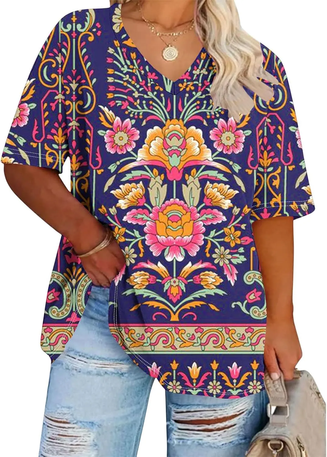 Generic 2024 Oversized T Shirts Women's Plus Size Tees Casual Half Sleeve V Neck Shirt Summer Loose Comfy Basic Tunic Tops