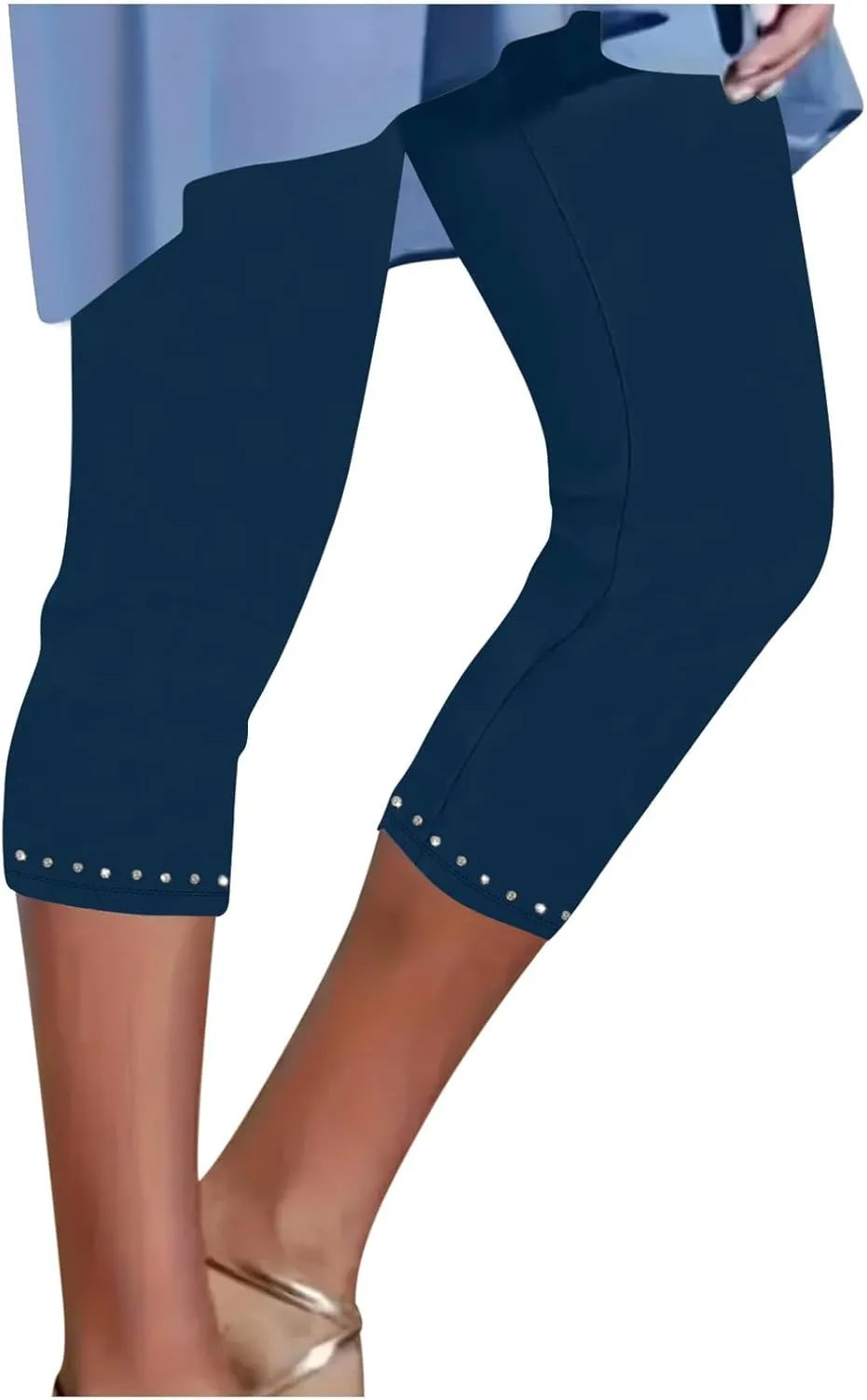 JIEMUXIU Capri Leggings for Women Summer Rhinestone Dressy Cropped High Waist Yoga Pants Compression Leggings Workout Pants
