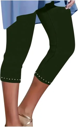 JIEMUXIU Capri Leggings for Women Summer Rhinestone Dressy Cropped High Waist Yoga Pants Compression Leggings Workout Pants