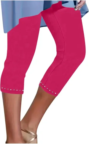 JIEMUXIU Capri Leggings for Women Summer Rhinestone Dressy Cropped High Waist Yoga Pants Compression Leggings Workout Pants