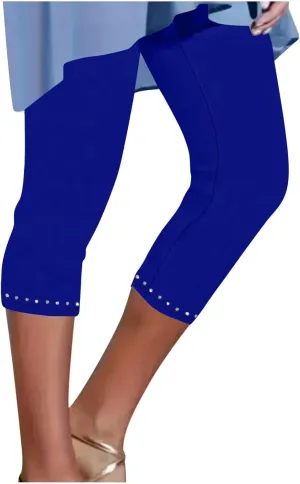 JIEMUXIU Capri Leggings for Women Summer Rhinestone Dressy Cropped High Waist Yoga Pants Compression Leggings Workout Pants