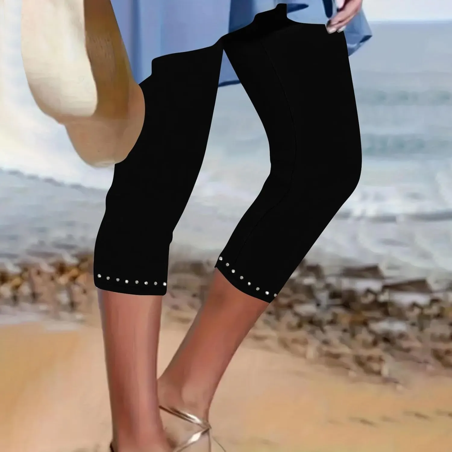 JIEMUXIU Capri Leggings for Women Summer Rhinestone Dressy Cropped High Waist Yoga Pants Compression Leggings Workout Pants