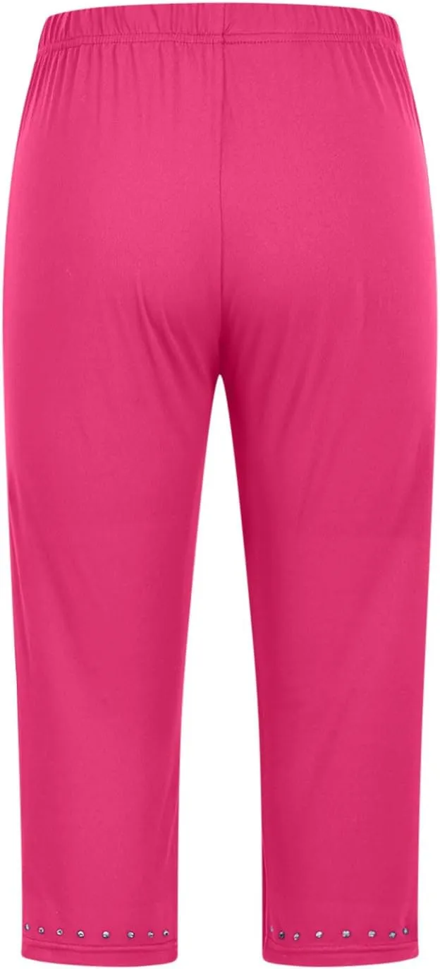 JIEMUXIU Capri Leggings for Women Summer Rhinestone Dressy Cropped High Waist Yoga Pants Compression Leggings Workout Pants