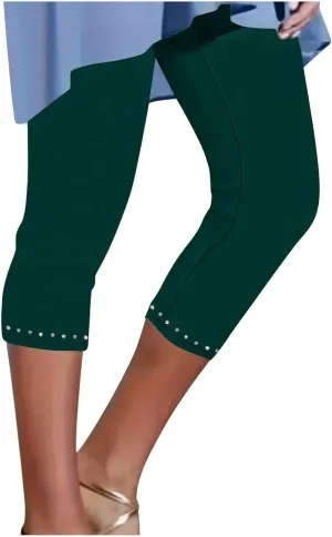 JIEMUXIU Capri Leggings for Women Summer Rhinestone Dressy Cropped High Waist Yoga Pants Compression Leggings Workout Pants
