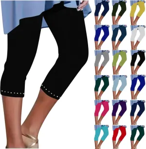 JIEMUXIU Capri Leggings for Women Summer Rhinestone Dressy Cropped High Waist Yoga Pants Compression Leggings Workout Pants