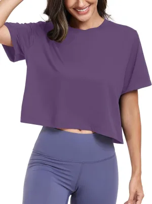 KevaMolly Workout Crop Tops for Women Loose Fit UPF50  Breathable Yoga T Shirts Running Athletic Cropped Workout Tops