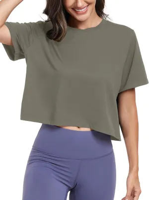 KevaMolly Workout Crop Tops for Women Loose Fit UPF50  Breathable Yoga T Shirts Running Athletic Cropped Workout Tops