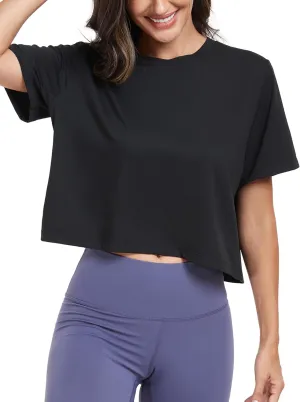 KevaMolly Workout Crop Tops for Women Loose Fit UPF50  Breathable Yoga T Shirts Running Athletic Cropped Workout Tops