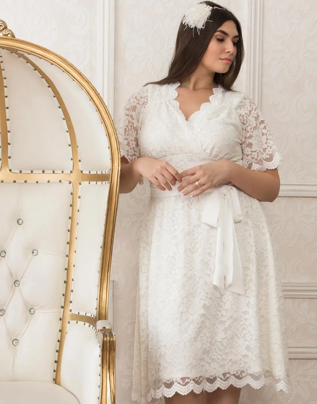 Kiyonna Women's Plus Size Graced with Love White Wedding Dress for Bride, A-Line Midi Formal Gown for Bridal Shower Party