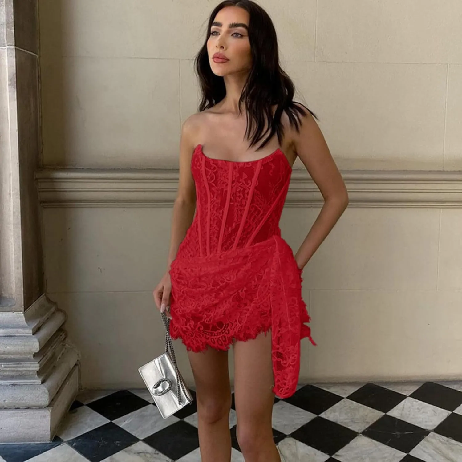 LAPRBY Womens Mini Dress Floral Corset Dress Draped Lace Tube Top Dress Cocktail Dress Sexy 2024 Summer Trendy