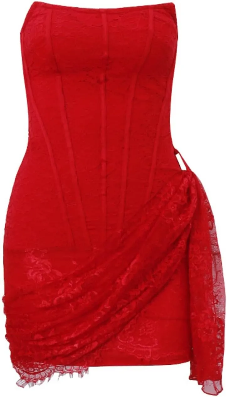 LAPRBY Womens Mini Dress Floral Corset Dress Draped Lace Tube Top Dress Cocktail Dress Sexy 2024 Summer Trendy